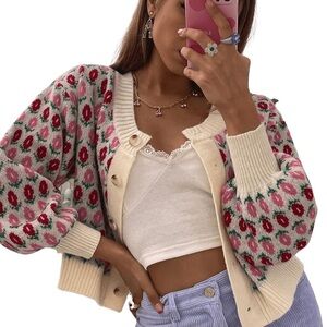 Women's Floral Button Down Ribbed Knit Crew Neck Cropped Cardigan Sweater NWOT